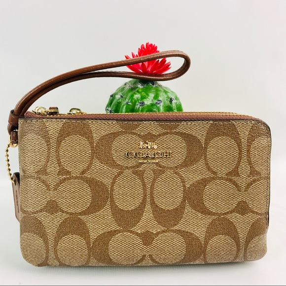 Coach Double Zip Brown Monogram Wristlet Wallet